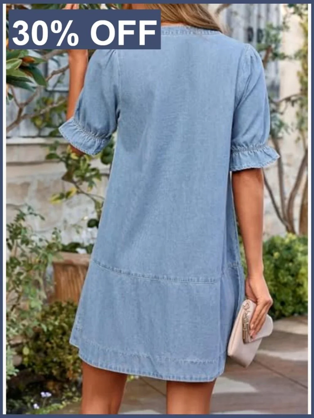 Denim Babydoll Dress with Short Sleeves and Button Front - Picture 2 of 7